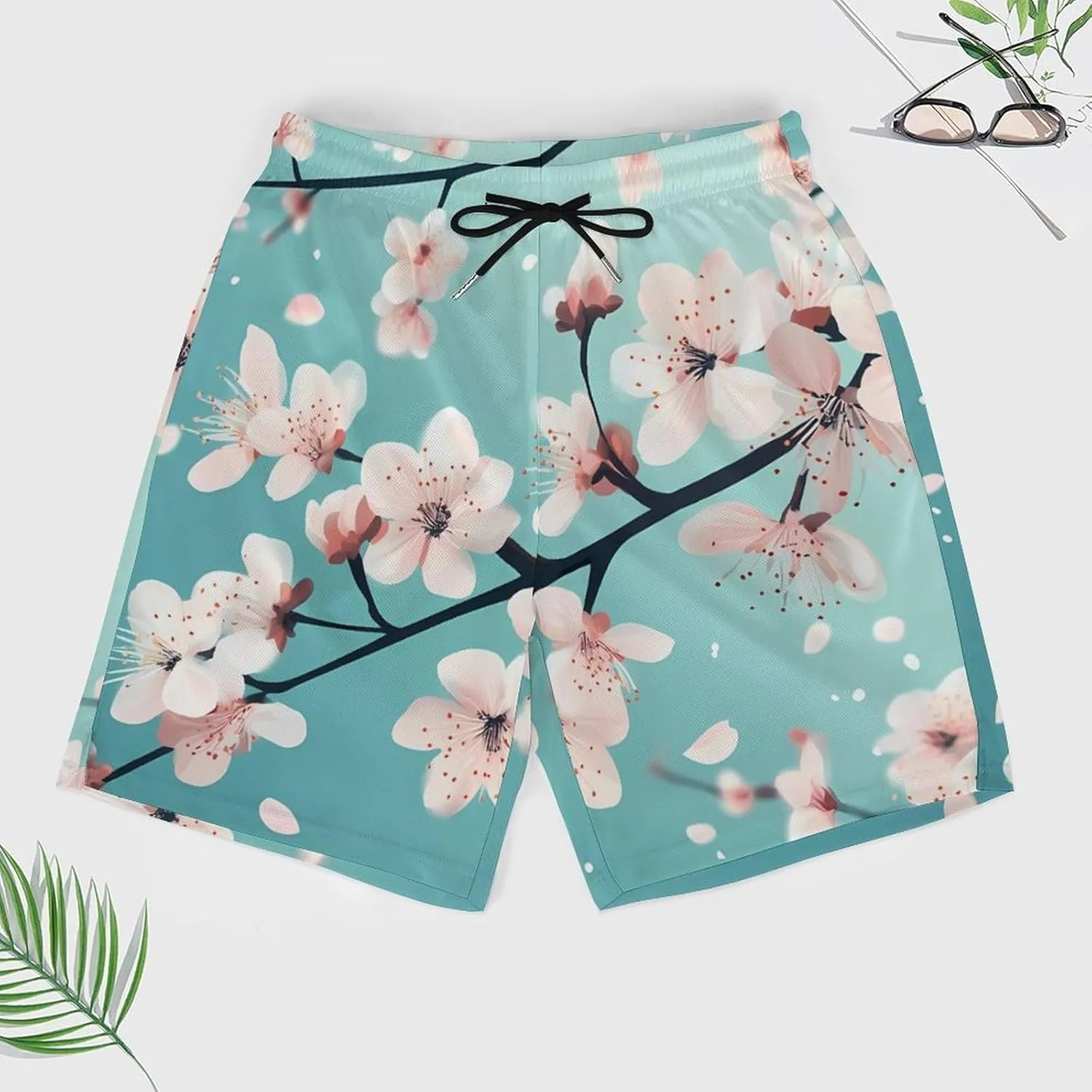 Cherry Flower Blossoming Casual Beach Shorts for Men Elastic Waist Drawstring Swim Shorts With Compression Liner