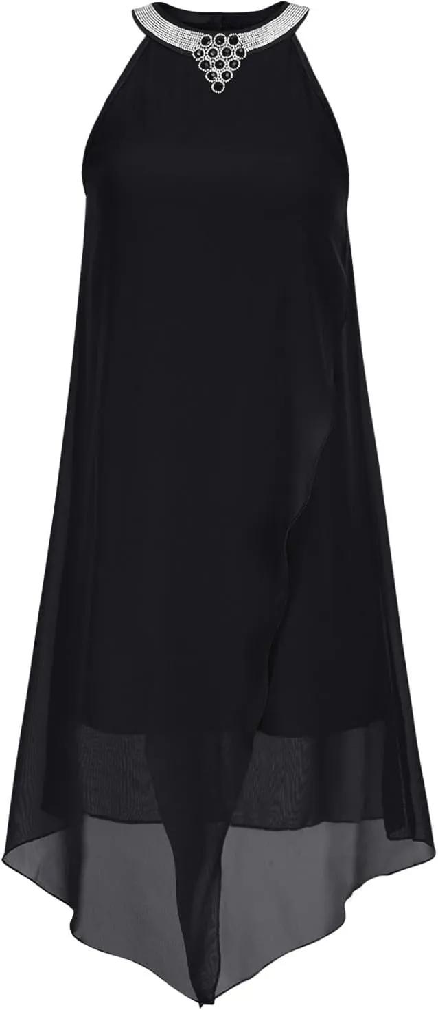 Chiffon Halter Dress for Women Dressy Tiered Evening Cocktail Party Dress Plus Size Choker Neck Swing Midi Sundress