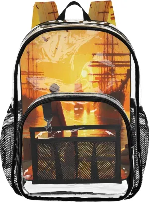 CHIFIGNO Vintage Sunset Ships Orange Travel Backpack for Kids, Plastic Backpack, Clear School Backpack, Bags for Kids