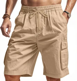 Chino Cargo Shorts for Men Elastic Waist Drawstring Loose Fishing Hiking Long Shorts Work Lounge Pants with Pockets