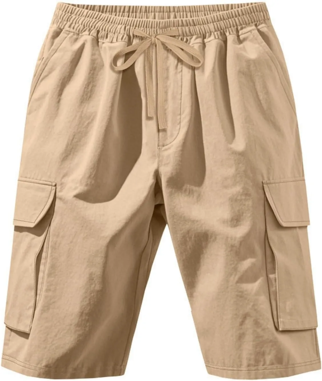 Chino Cargo Shorts for Men Elastic Waist Drawstring Loose Fishing Hiking Long Shorts Work Lounge Pants with Pockets