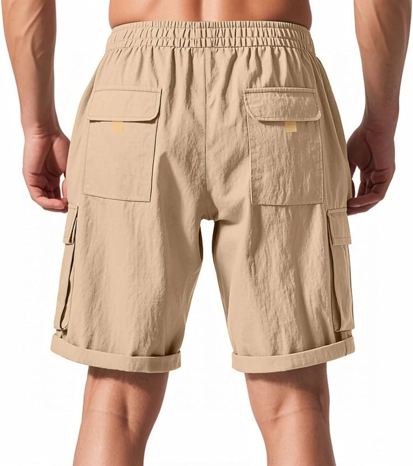 Chino Cargo Shorts for Men Elastic Waist Drawstring Loose Fishing Hiking Long Shorts Work Lounge Pants with Pockets