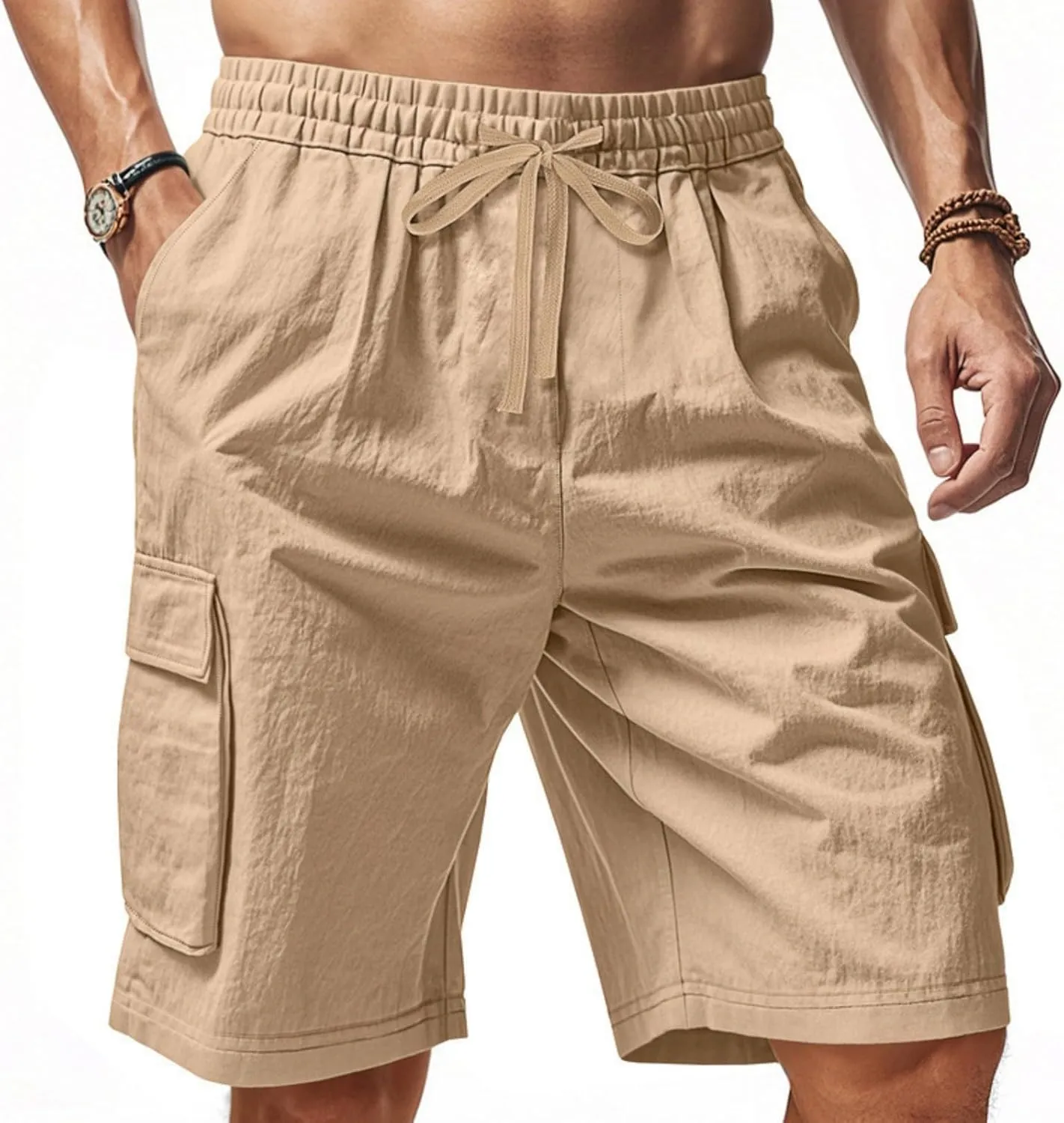 Chino Cargo Shorts for Men Elastic Waist Drawstring Loose Fishing Hiking Long Shorts Work Lounge Pants with Pockets