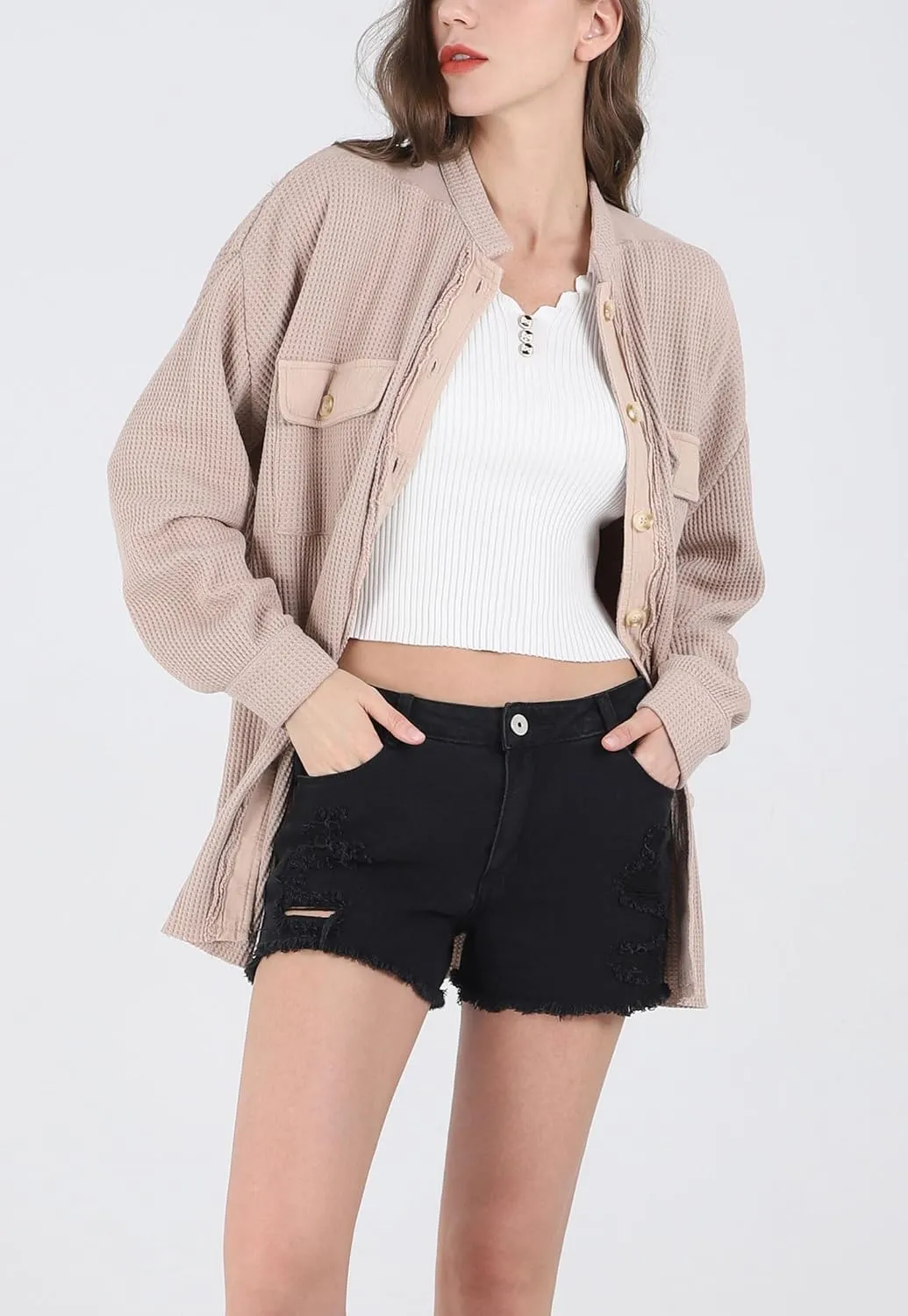 chouyatou Women's Loose Fit Batwing Sleeve Waffle Knit Button Down Shirt Shacket Tops
