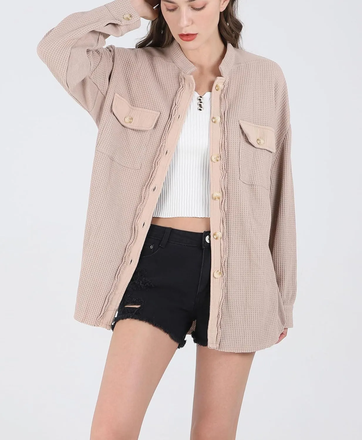 chouyatou Women's Loose Fit Batwing Sleeve Waffle Knit Button Down Shirt Shacket Tops