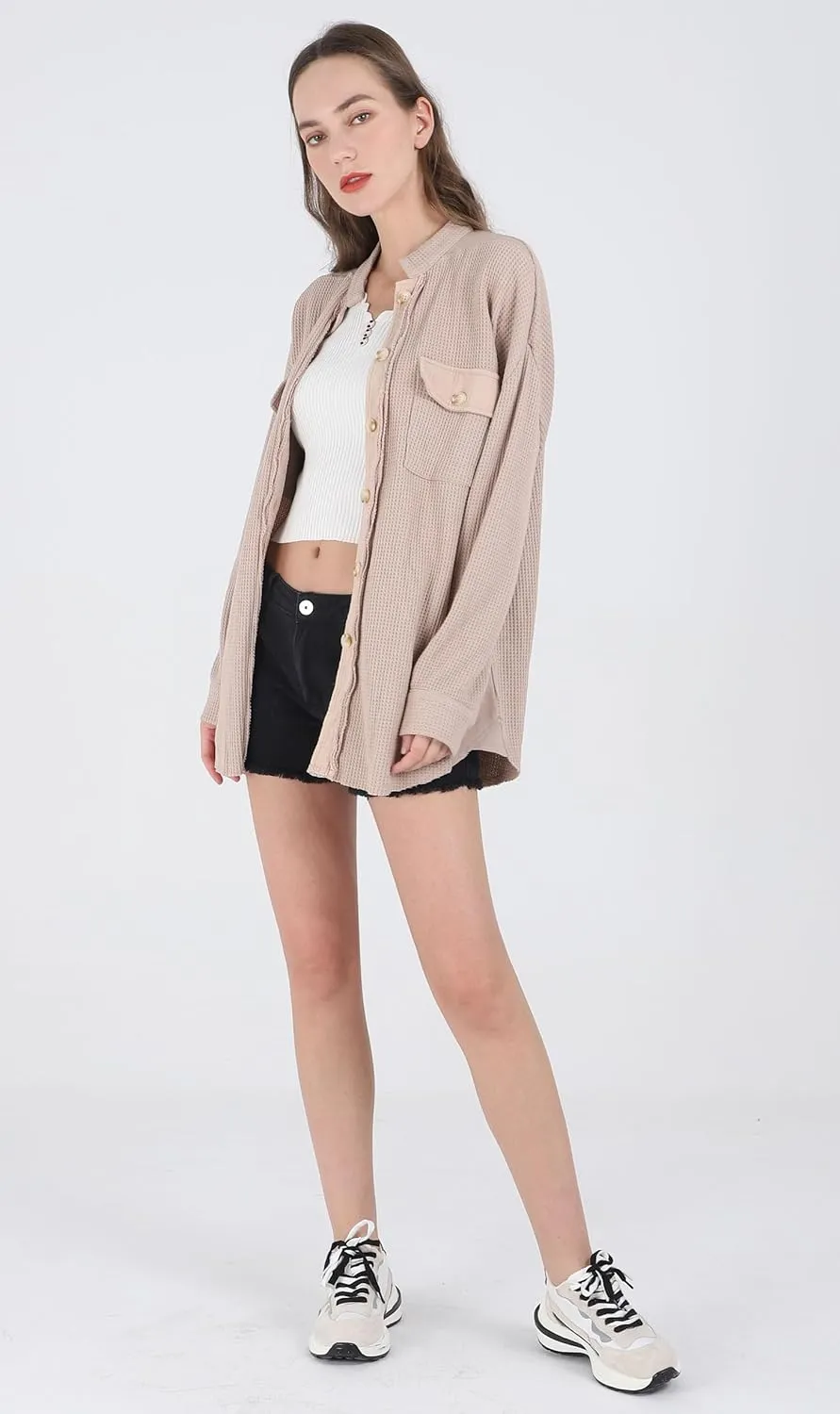 chouyatou Women's Loose Fit Batwing Sleeve Waffle Knit Button Down Shirt Shacket Tops