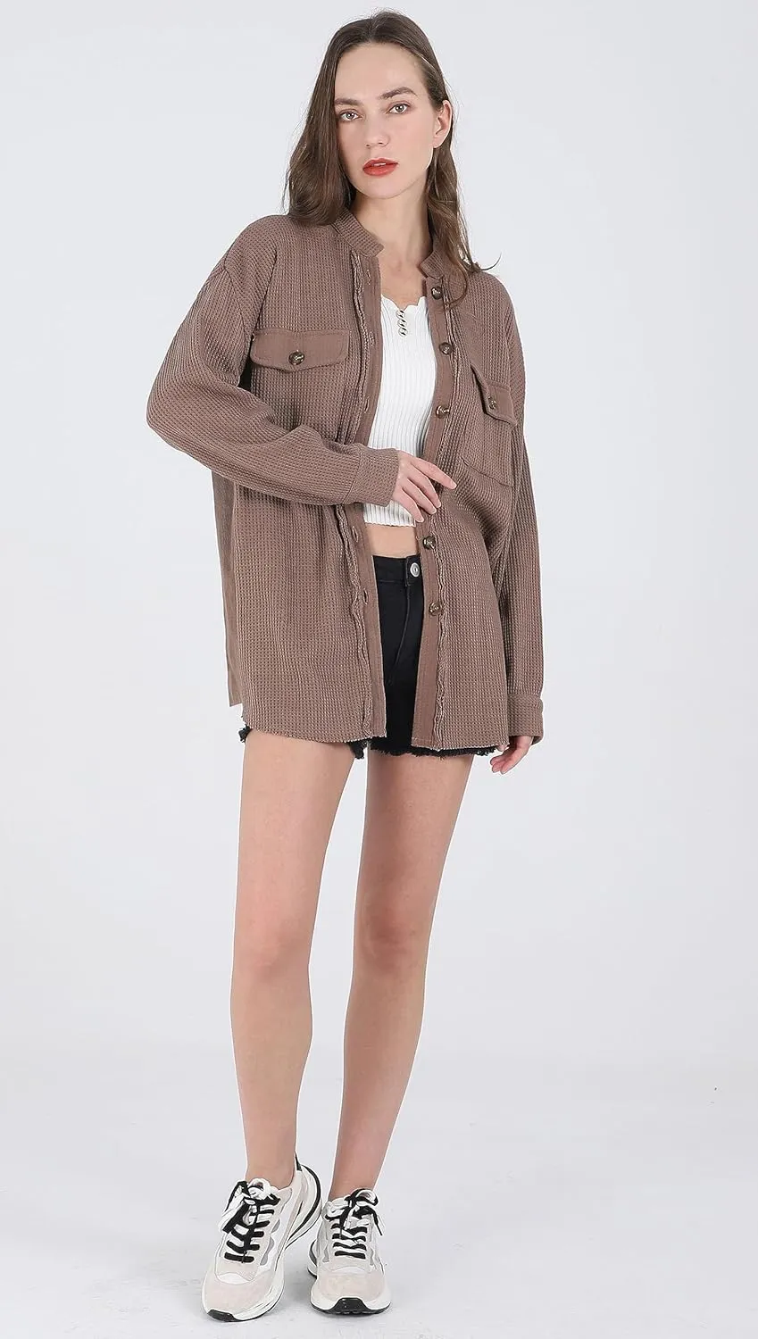 chouyatou Women's Loose Fit Batwing Sleeve Waffle Knit Button Down Shirt Shacket Tops