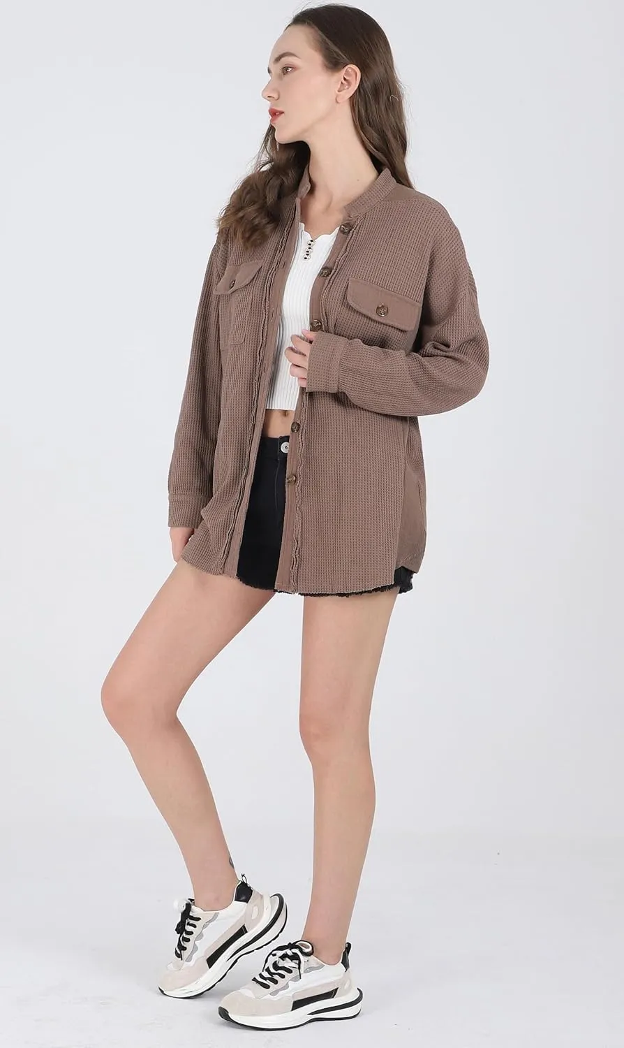 chouyatou Women's Loose Fit Batwing Sleeve Waffle Knit Button Down Shirt Shacket Tops
