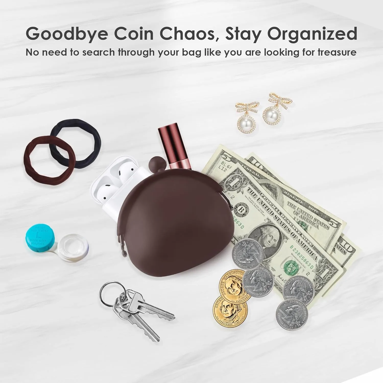 Coin Purse for Women  Silicone Small Coin Pouch with Kiss Lock for Coins, Keys, Lipstick, and Earphones  Mini Cute Change Purse, Coin Purse & Pouch for Daily Life, Cars, Travel, Party (Coffee)