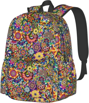 Colorful Abstract Flowers Laptop Commuter Backpack Shoulder Bag Casual Back Pack Daypack Bags With Side Pockets For Work Travel Daily Use