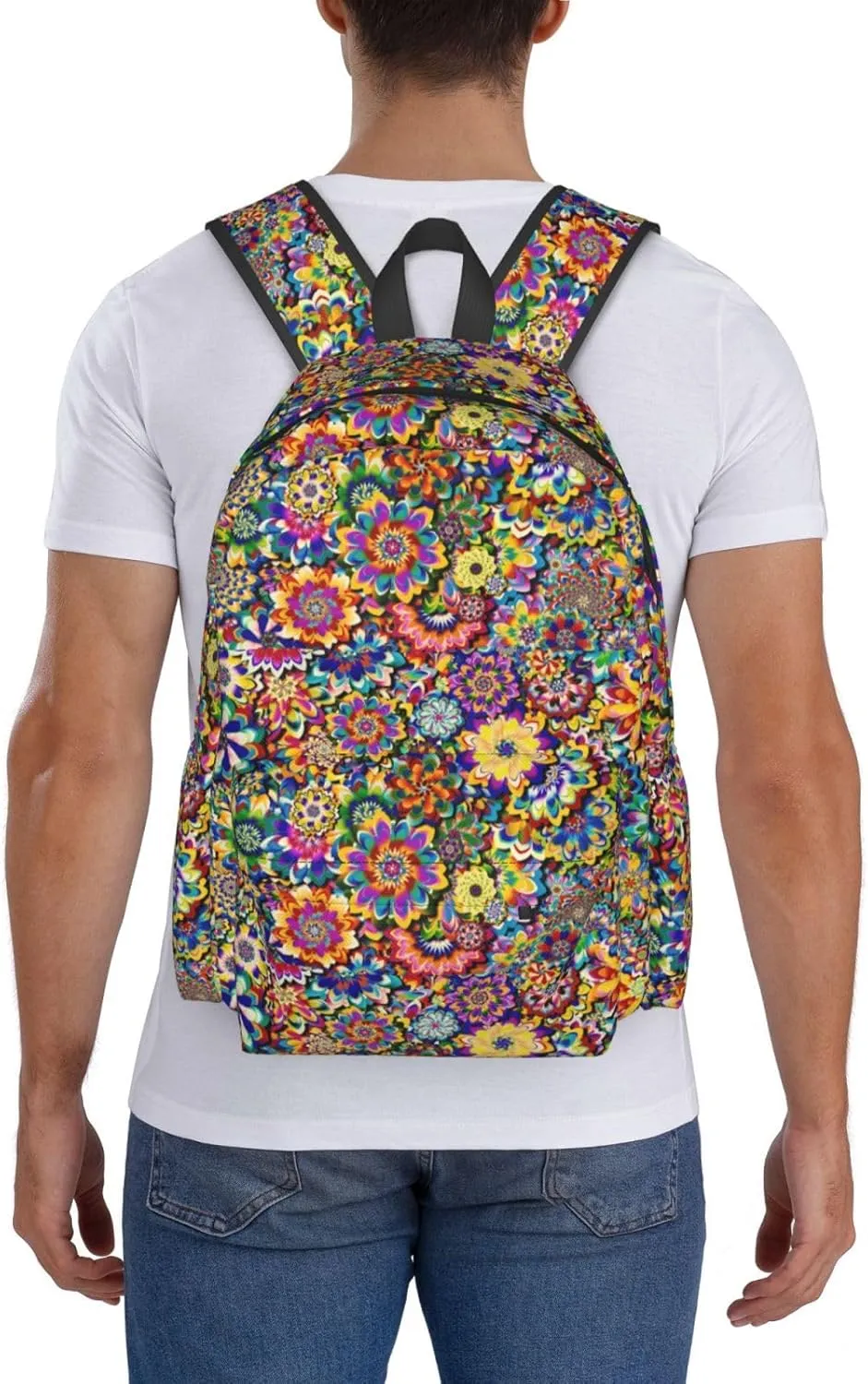 Colorful Abstract Flowers Laptop Commuter Backpack Shoulder Bag Casual Back Pack Daypack Bags With Side Pockets For Work Travel Daily Use