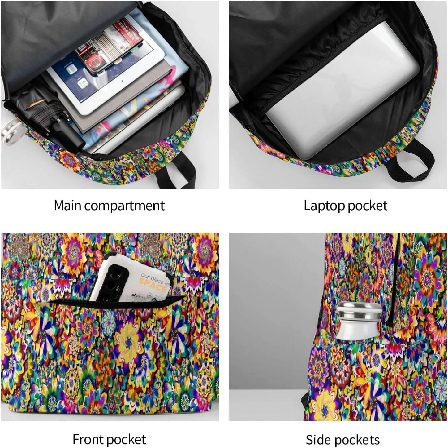 Colorful Abstract Flowers Laptop Commuter Backpack Shoulder Bag Casual Back Pack Daypack Bags With Side Pockets For Work Travel Daily Use