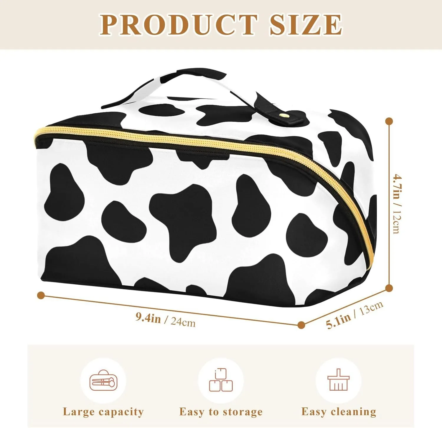 Cow Print Travel Makeup Bag Portable Cosmetic Pouch Large Capacity Make up Bag Toiletry Bag with Divider and Handle for Women