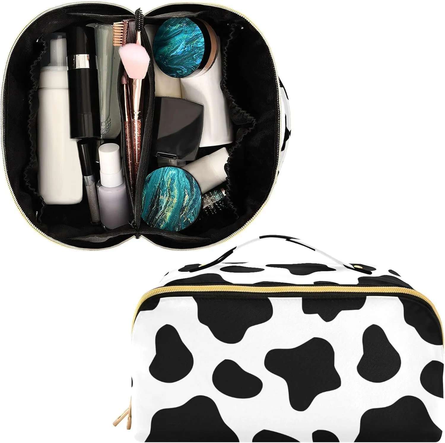 Cow Print Travel Makeup Bag Portable Cosmetic Pouch Large Capacity Make up Bag Toiletry Bag with Divider and Handle for Women