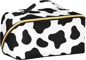 Cow Print Travel Makeup Bag Portable Cosmetic Pouch Large Capacity Make up Bag Toiletry Bag with Divider and Handle for Women