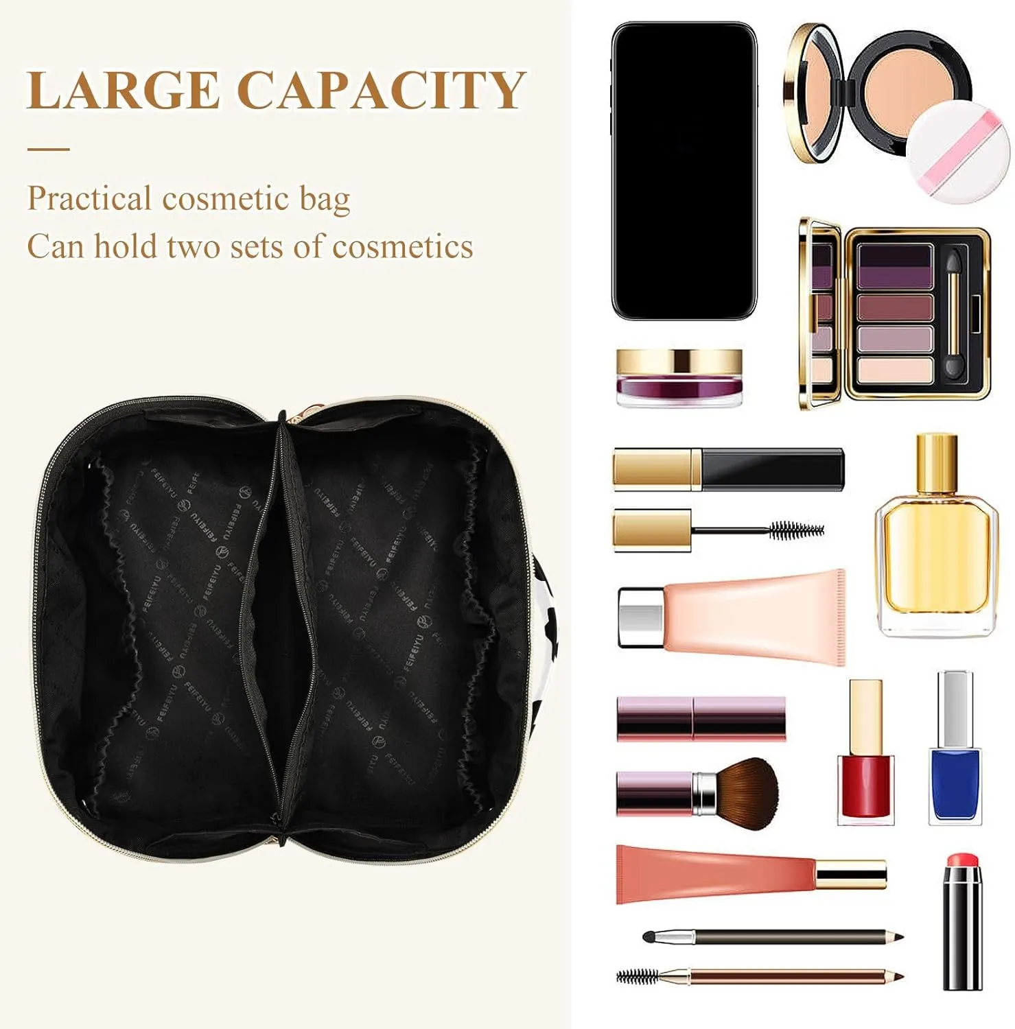 Cow Print Travel Makeup Bag Portable Cosmetic Pouch Large Capacity Make up Bag Toiletry Bag with Divider and Handle for Women