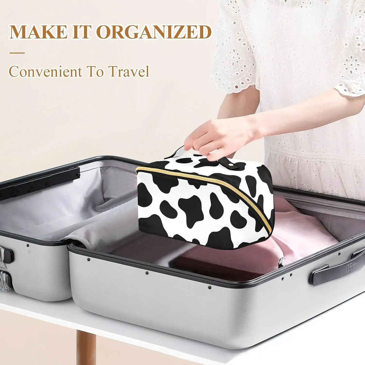 Cow Print Travel Makeup Bag Portable Cosmetic Pouch Large Capacity Make up Bag Toiletry Bag with Divider and Handle for Women