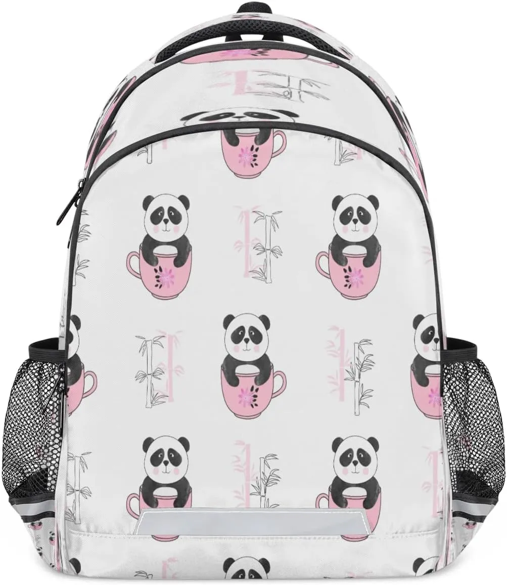 Cup Panda Bamboo Laptop Backpack Lightweight College Backpack with Reflective Strip for Men Women Adult Casual Travel Hiking Gym Work Daypack