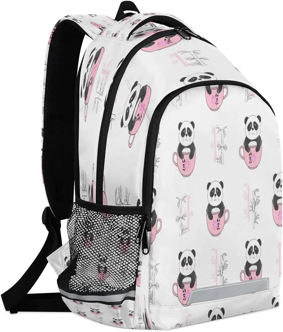 Cup Panda Bamboo Laptop Backpack Lightweight College Backpack with Reflective Strip for Men Women Adult Casual Travel Hiking Gym Work Daypack