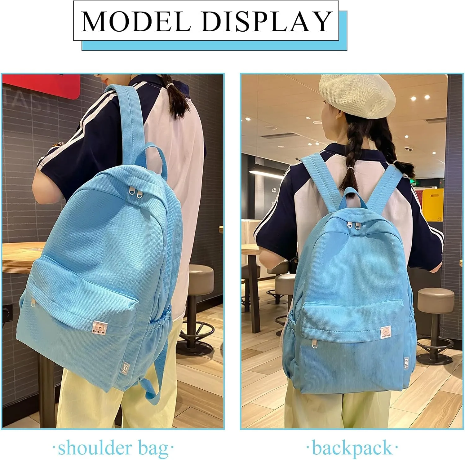 Cute Aesthetic Backpack Y2K Simple Solid Color Kawaii Backpacks Travel Laptop Backpack (Blue)
