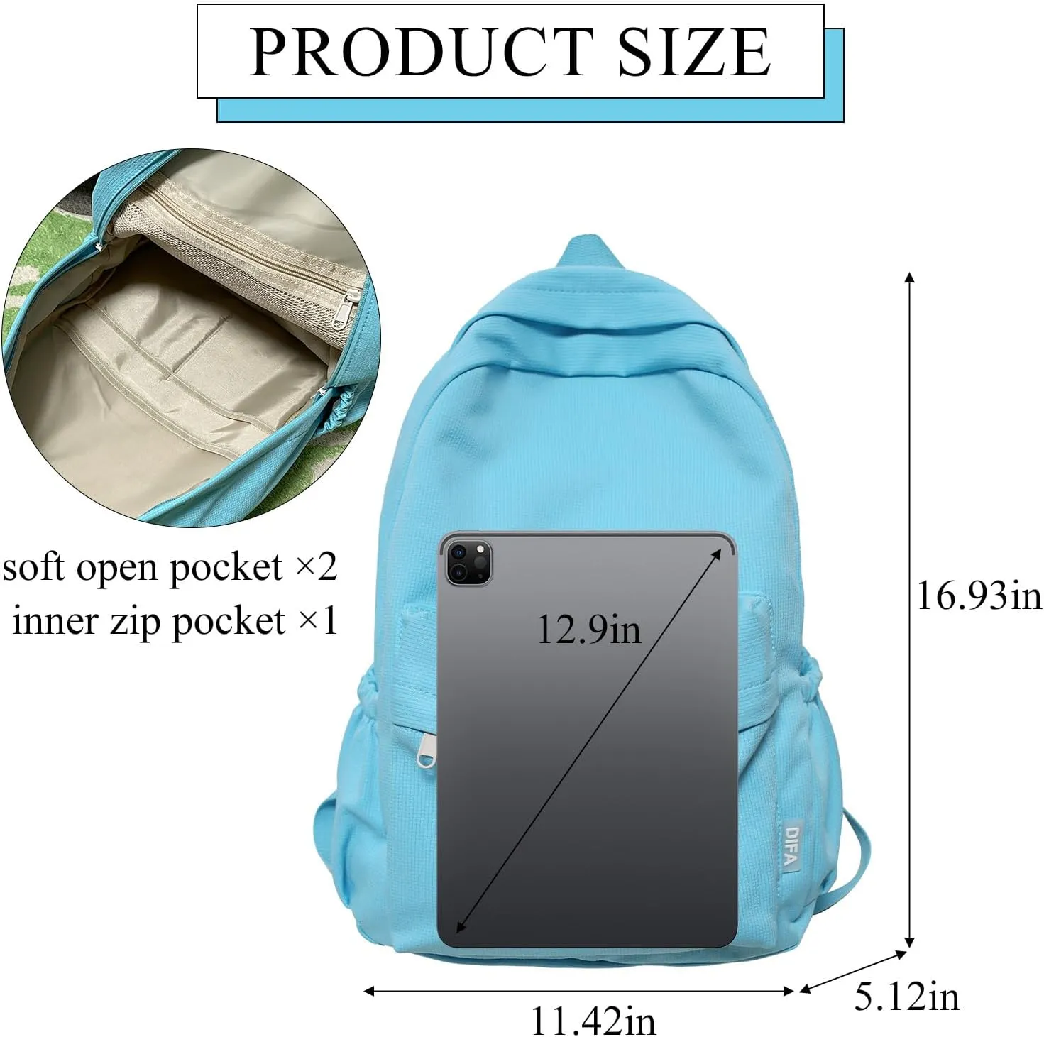 Cute Aesthetic Backpack Y2K Simple Solid Color Kawaii Backpacks Travel Laptop Backpack (Blue)