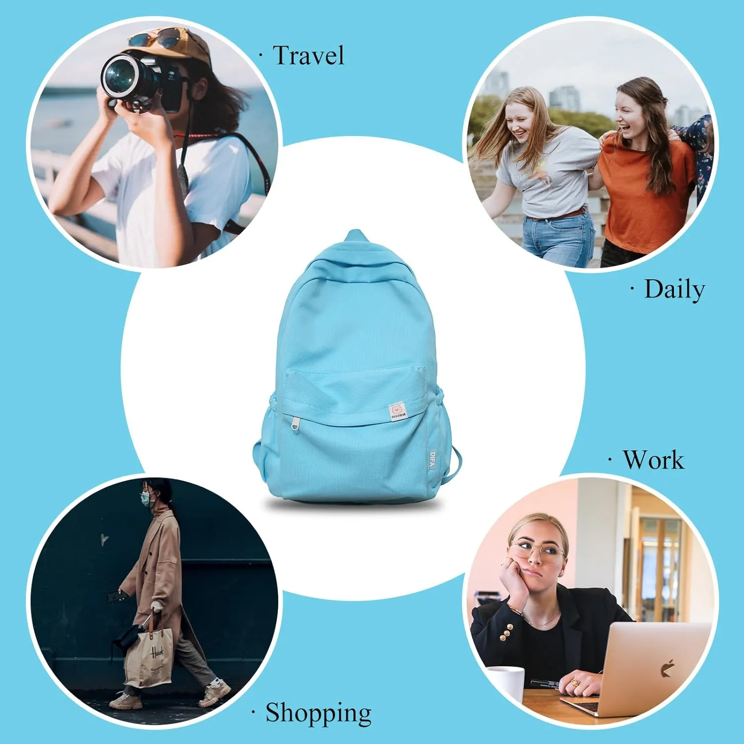 Cute Aesthetic Backpack Y2K Simple Solid Color Kawaii Backpacks Travel Laptop Backpack (Blue)