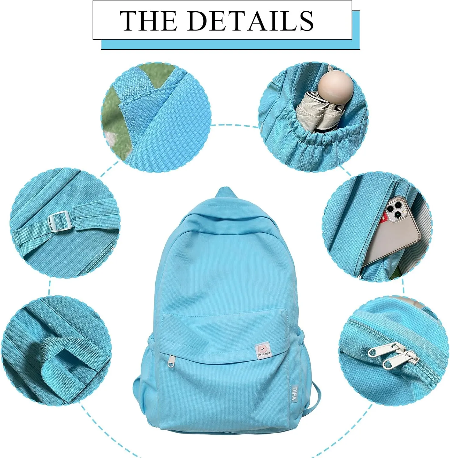 Cute Aesthetic Backpack Y2K Simple Solid Color Kawaii Backpacks Travel Laptop Backpack (Blue)
