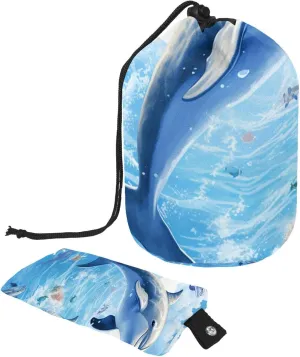 Cute Blue Ocean Whale Pattern Travel Cosmetic Bags Makeup Bag for Women, Foldable Drawstring Travel Cosmetic Bags, Portable Toiletry Bucket Bag
