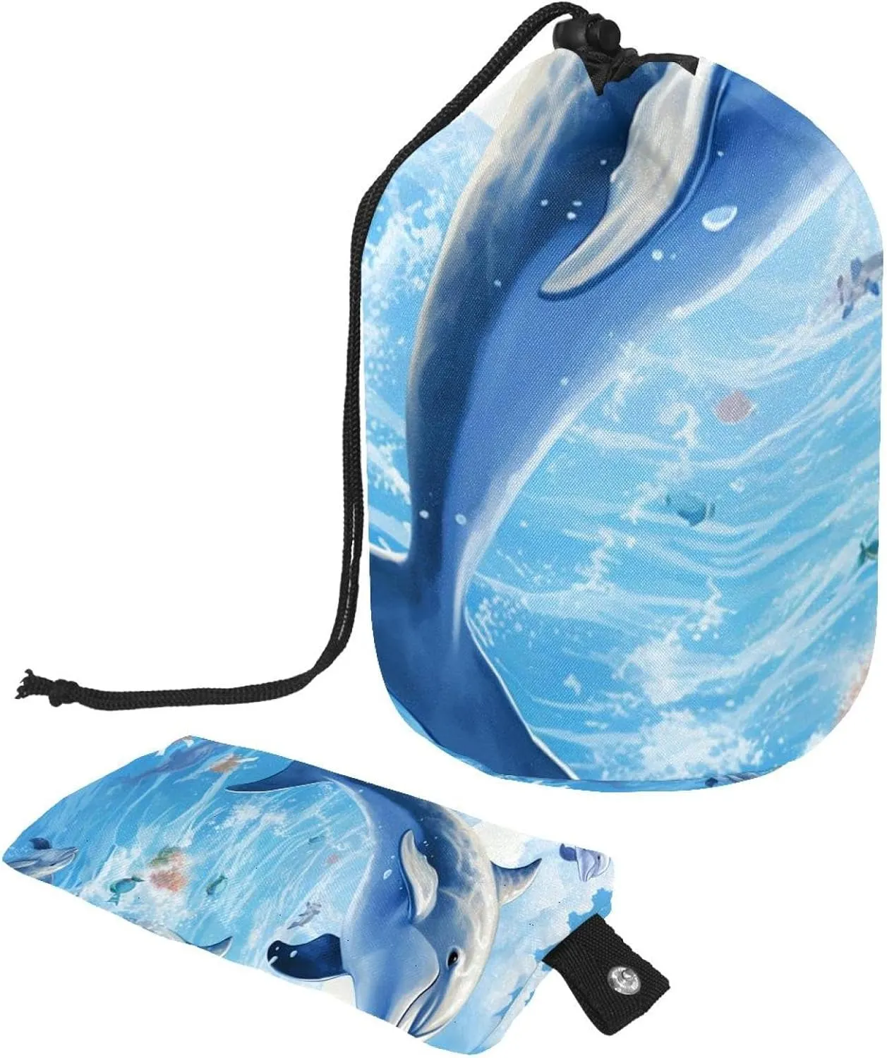 Cute Blue Ocean Whale Pattern Travel Cosmetic Bags Makeup Bag for Women, Foldable Drawstring Travel Cosmetic Bags, Portable Toiletry Bucket Bag
