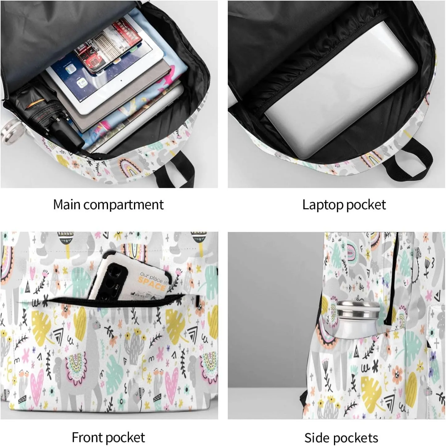 Cute Cactus Llama Laptop Commuter Backpack Shoulder Bag Casual Back Pack Daypack Bags With Side Pockets For Work Travel Daily Use
