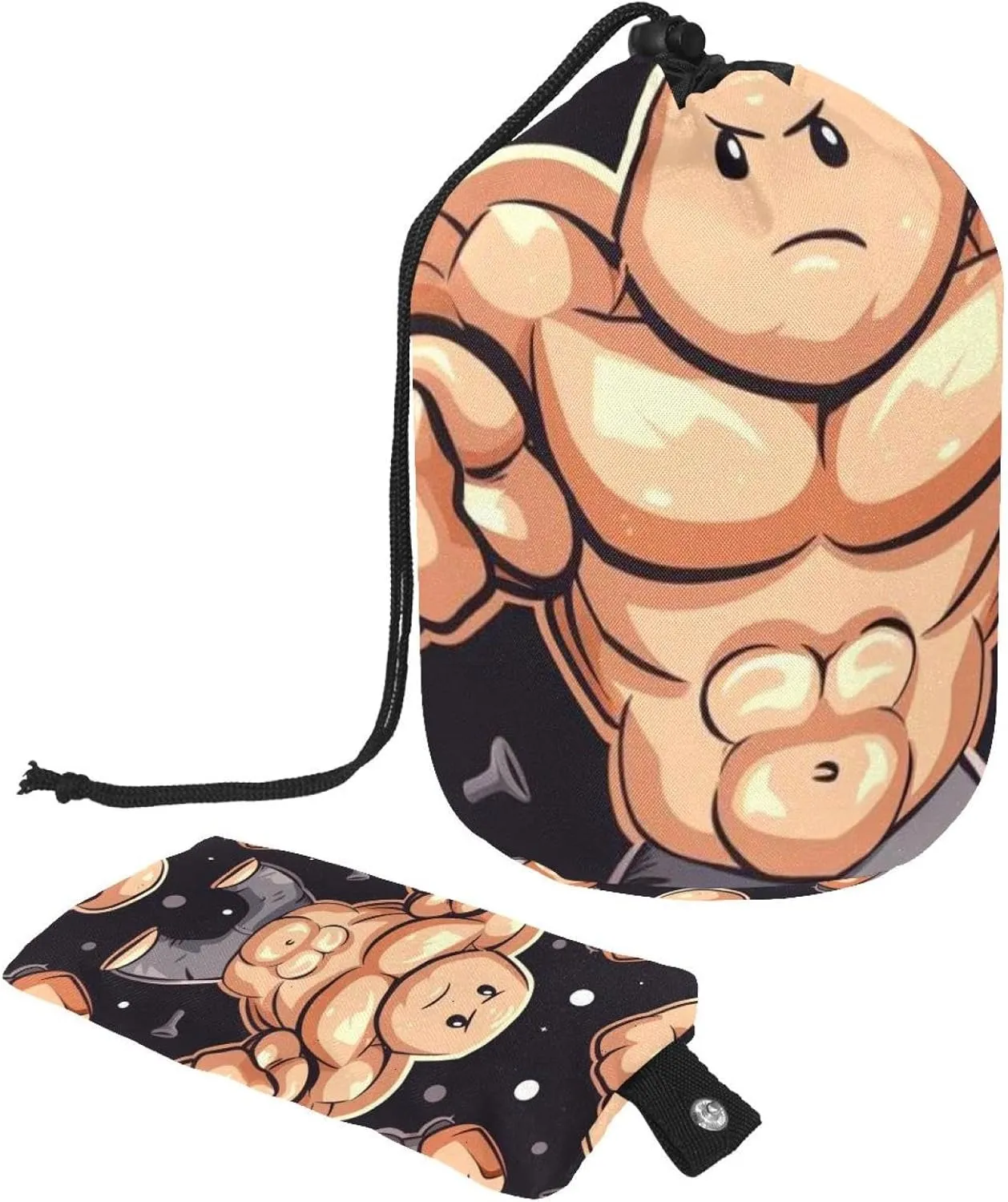 Cute Cartoon Strong Bodybuilder Travel Cosmetic Bags Makeup Bag for Women, Foldable Drawstring Travel Cosmetic Bags, Portable Toiletry Bucket Bag