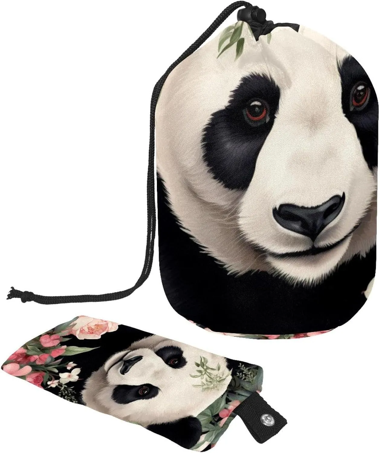Cute Panda with Colorful Floral Travel Cosmetic Bags Makeup Bag for Women, Foldable Drawstring Travel Cosmetic Bags, Portable Toiletry Bucket Bag