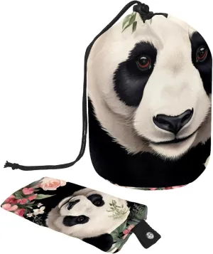 Cute Panda with Colorful Floral Travel Cosmetic Bags Makeup Bag for Women, Foldable Drawstring Travel Cosmetic Bags, Portable Toiletry Bucket Bag