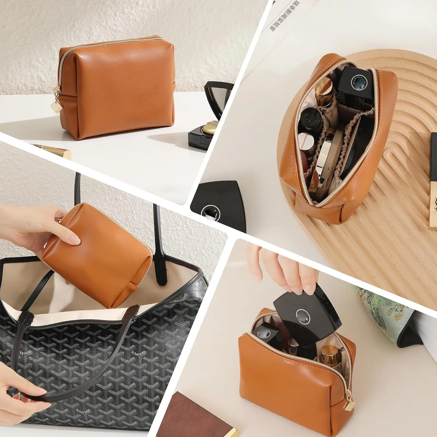 Cute Small Pouch, Makeup Cosmetic Bag,Make up Bag for Purse,Toiletry Zipper Pouch,Tech Bag,Electronic Organizer Travel Case,Storage Pouches for Organization Brown