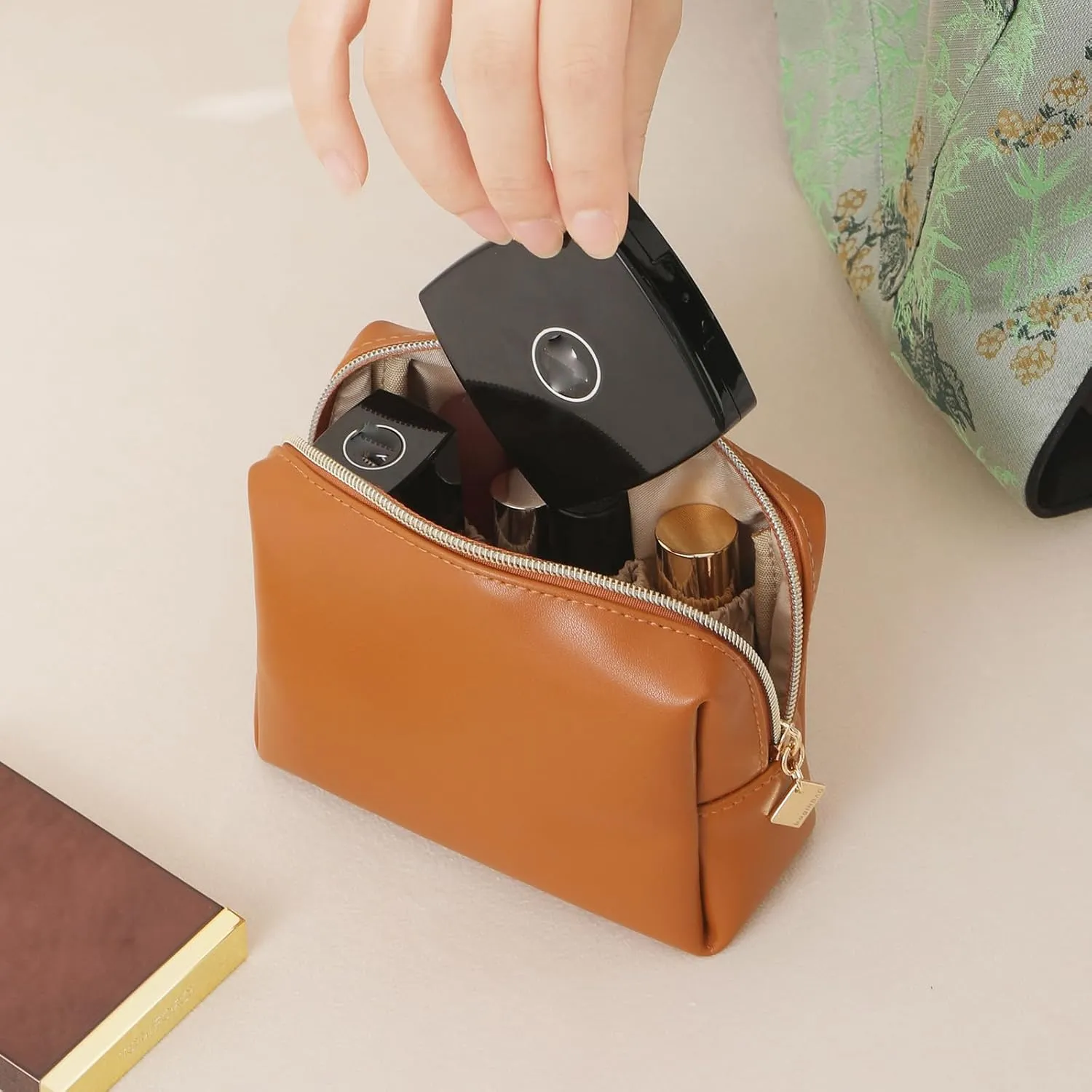 Cute Small Pouch, Makeup Cosmetic Bag,Make up Bag for Purse,Toiletry Zipper Pouch,Tech Bag,Electronic Organizer Travel Case,Storage Pouches for Organization Brown