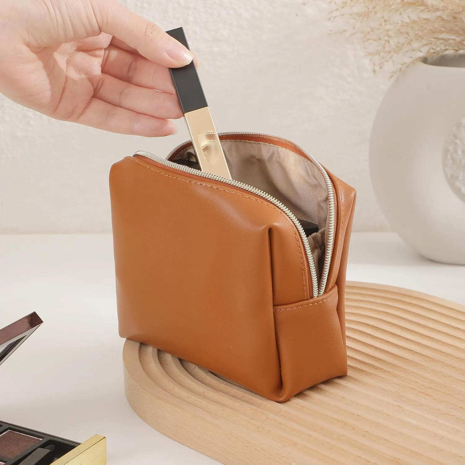 Cute Small Pouch, Makeup Cosmetic Bag,Make up Bag for Purse,Toiletry Zipper Pouch,Tech Bag,Electronic Organizer Travel Case,Storage Pouches for Organization Brown