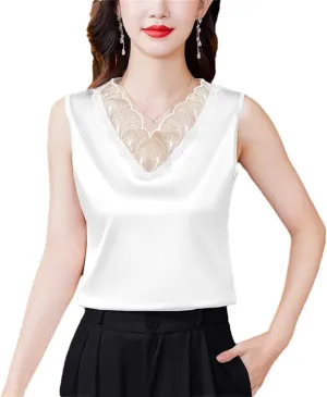 Dbdkejj Women Spring Summer Satin Camisole Sleeveless V-Neck Patchwork Lace Vest Tops