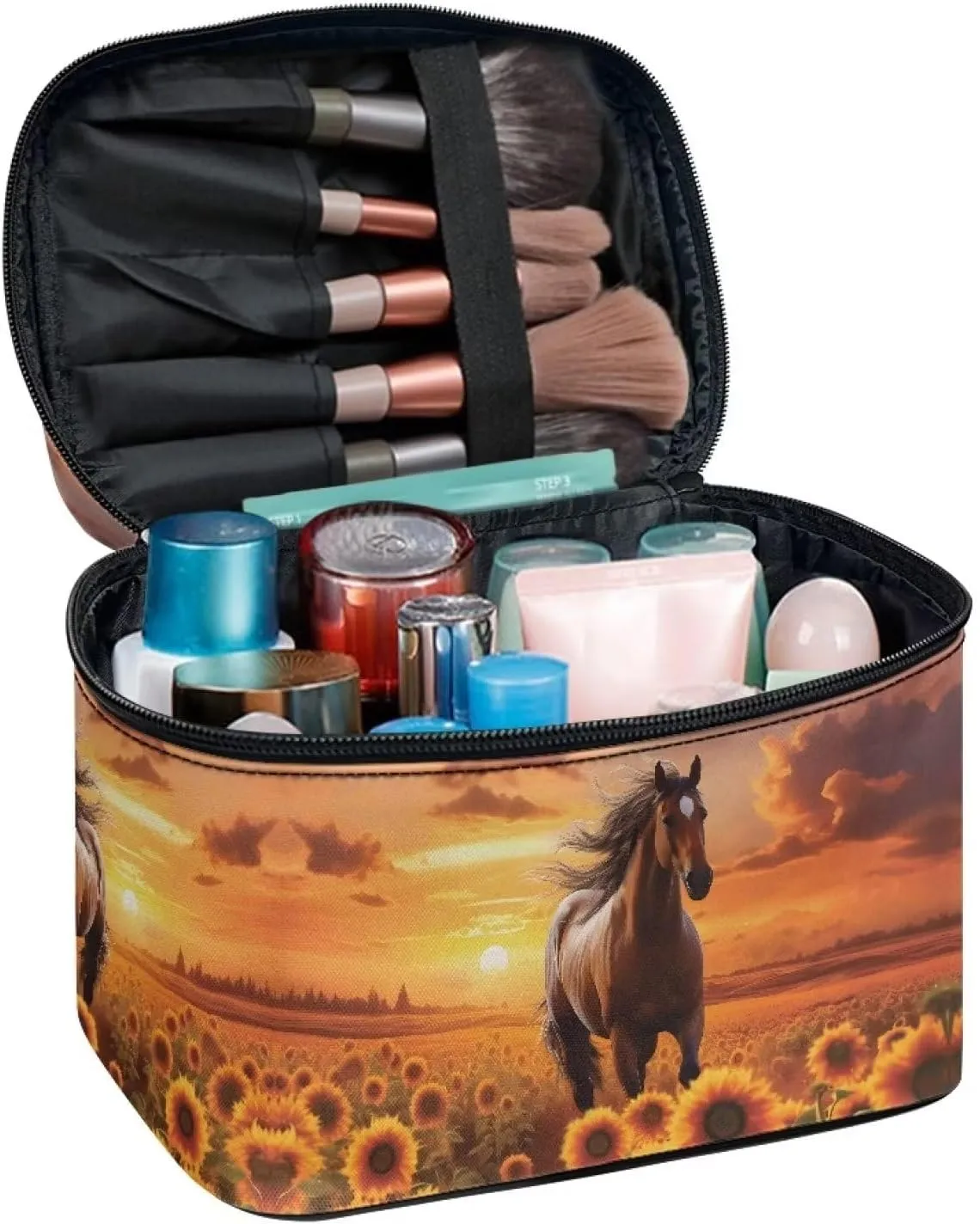 doginthehole Horse Sunset Cosmetic Bag Make Up Travel Bag for Women Sunflower Toiletry Bag Zipper Traveling Organizer Bag Large Portable Cosmetic Brush Bag with Handle