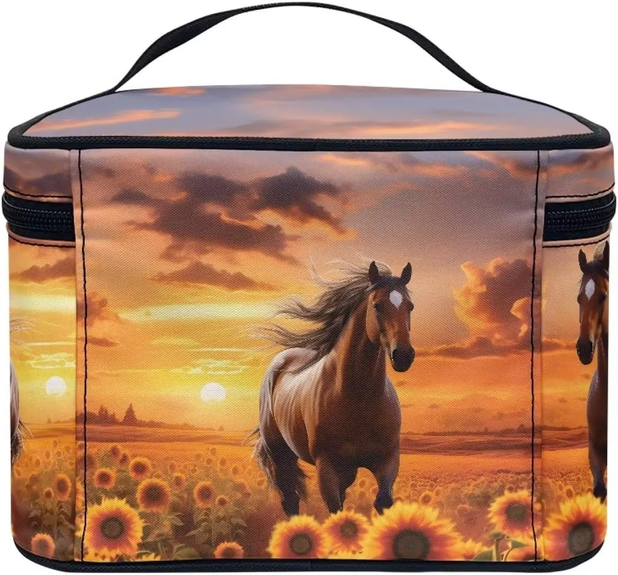doginthehole Horse Sunset Cosmetic Bag Make Up Travel Bag for Women Sunflower Toiletry Bag Zipper Traveling Organizer Bag Large Portable Cosmetic Brush Bag with Handle