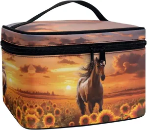 doginthehole Horse Sunset Cosmetic Bag Make Up Travel Bag for Women Sunflower Toiletry Bag Zipper Traveling Organizer Bag Large Portable Cosmetic Brush Bag with Handle