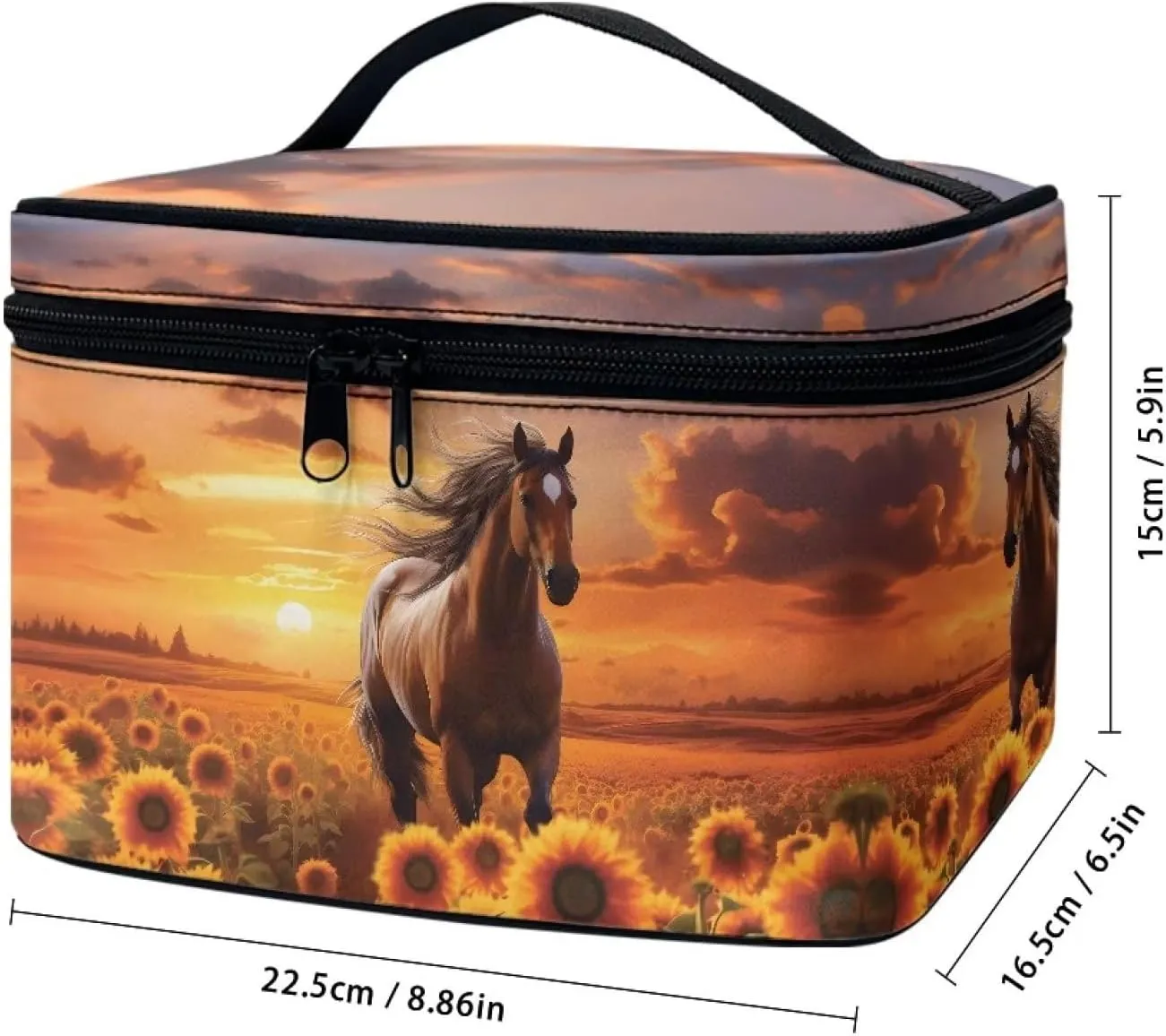 doginthehole Horse Sunset Cosmetic Bag Make Up Travel Bag for Women Sunflower Toiletry Bag Zipper Traveling Organizer Bag Large Portable Cosmetic Brush Bag with Handle