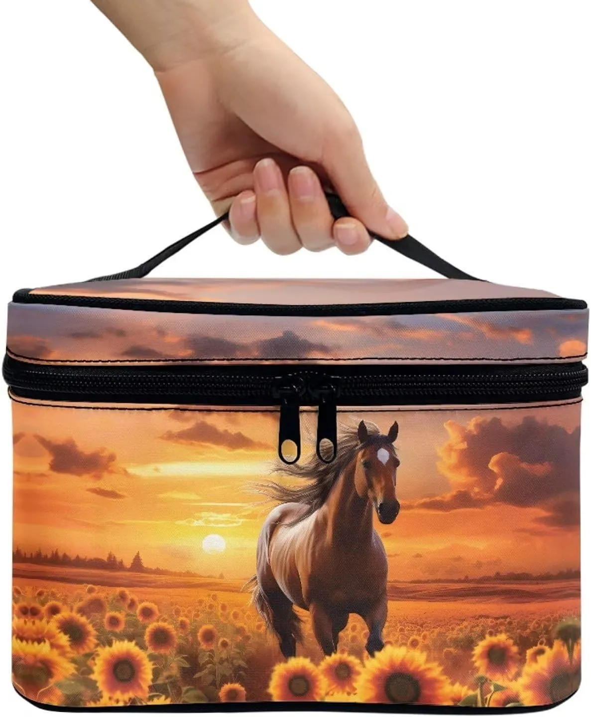 doginthehole Horse Sunset Cosmetic Bag Make Up Travel Bag for Women Sunflower Toiletry Bag Zipper Traveling Organizer Bag Large Portable Cosmetic Brush Bag with Handle