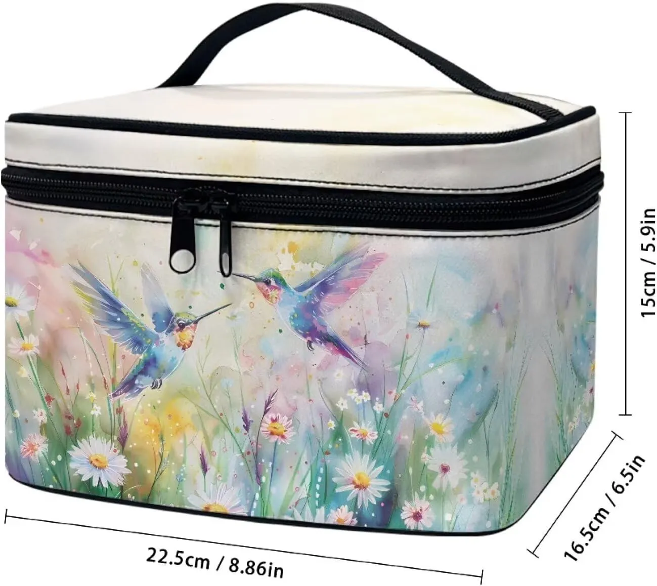 doginthehole Makeup Bag, Portable Travel Cosmetic Bag, Large Makeup Organizer Bag, Aesthetic Daisy Hummingbirds Design Makeup Organizer Case, Travel Toiletry Bag for Women Girls
