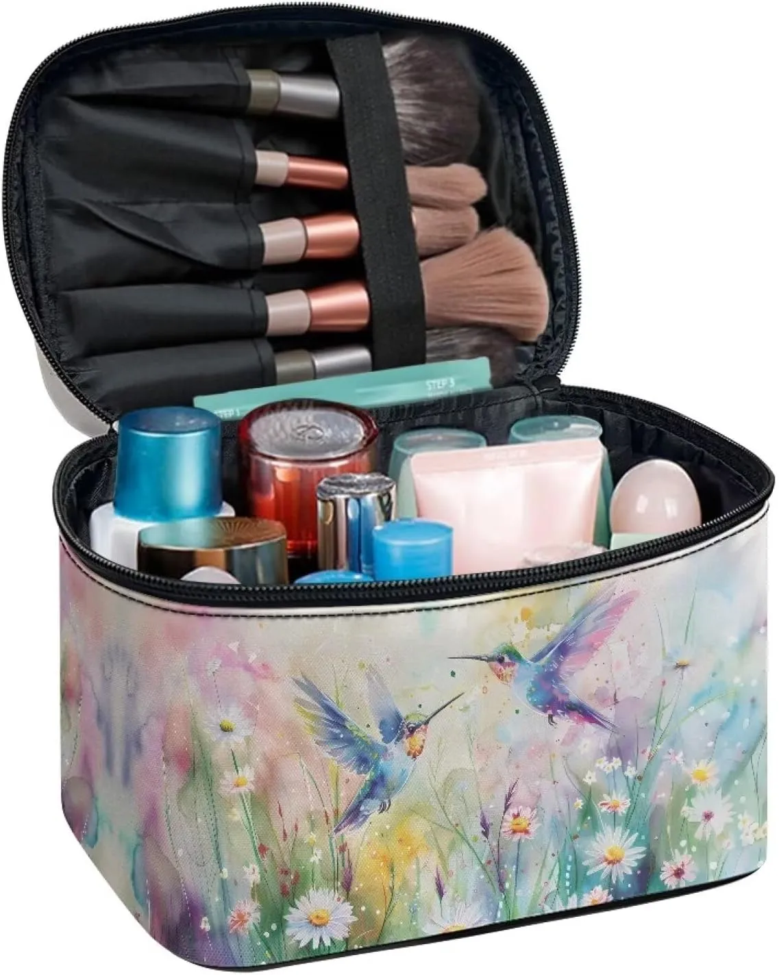 doginthehole Makeup Bag, Portable Travel Cosmetic Bag, Large Makeup Organizer Bag, Aesthetic Daisy Hummingbirds Design Makeup Organizer Case, Travel Toiletry Bag for Women Girls