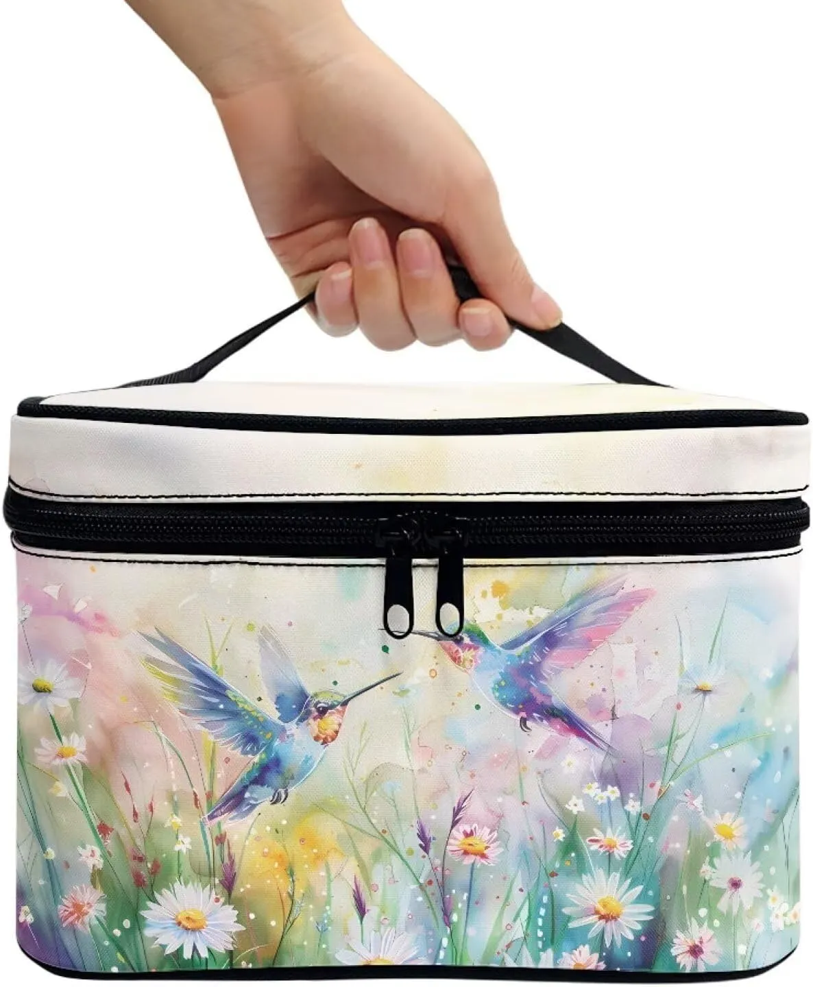 doginthehole Makeup Bag, Portable Travel Cosmetic Bag, Large Makeup Organizer Bag, Aesthetic Daisy Hummingbirds Design Makeup Organizer Case, Travel Toiletry Bag for Women Girls
