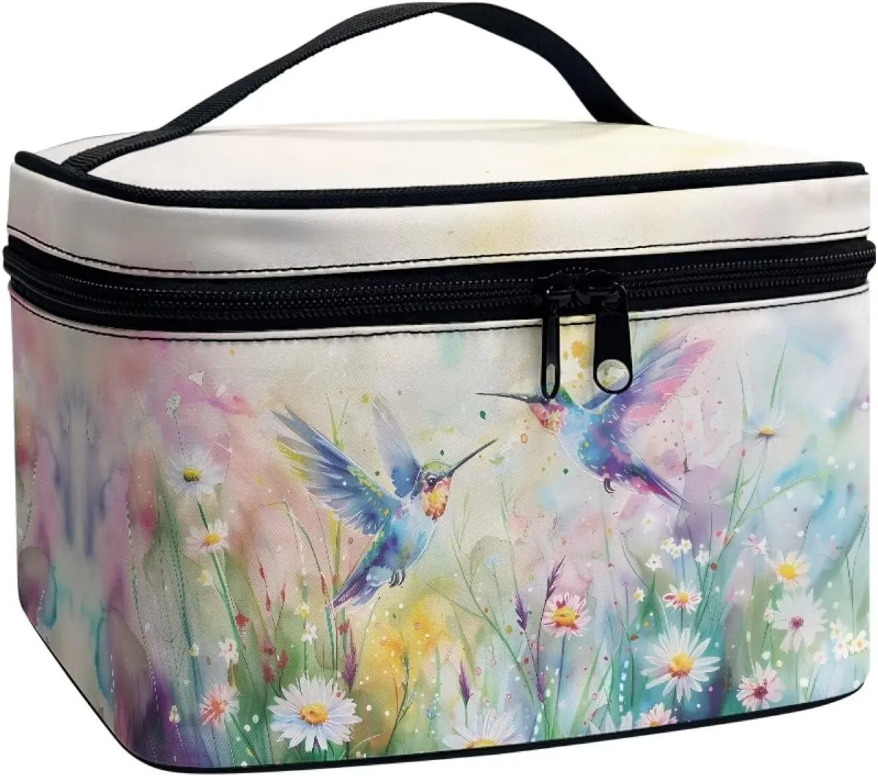 doginthehole Makeup Bag, Portable Travel Cosmetic Bag, Large Makeup Organizer Bag, Aesthetic Daisy Hummingbirds Design Makeup Organizer Case, Travel Toiletry Bag for Women Girls