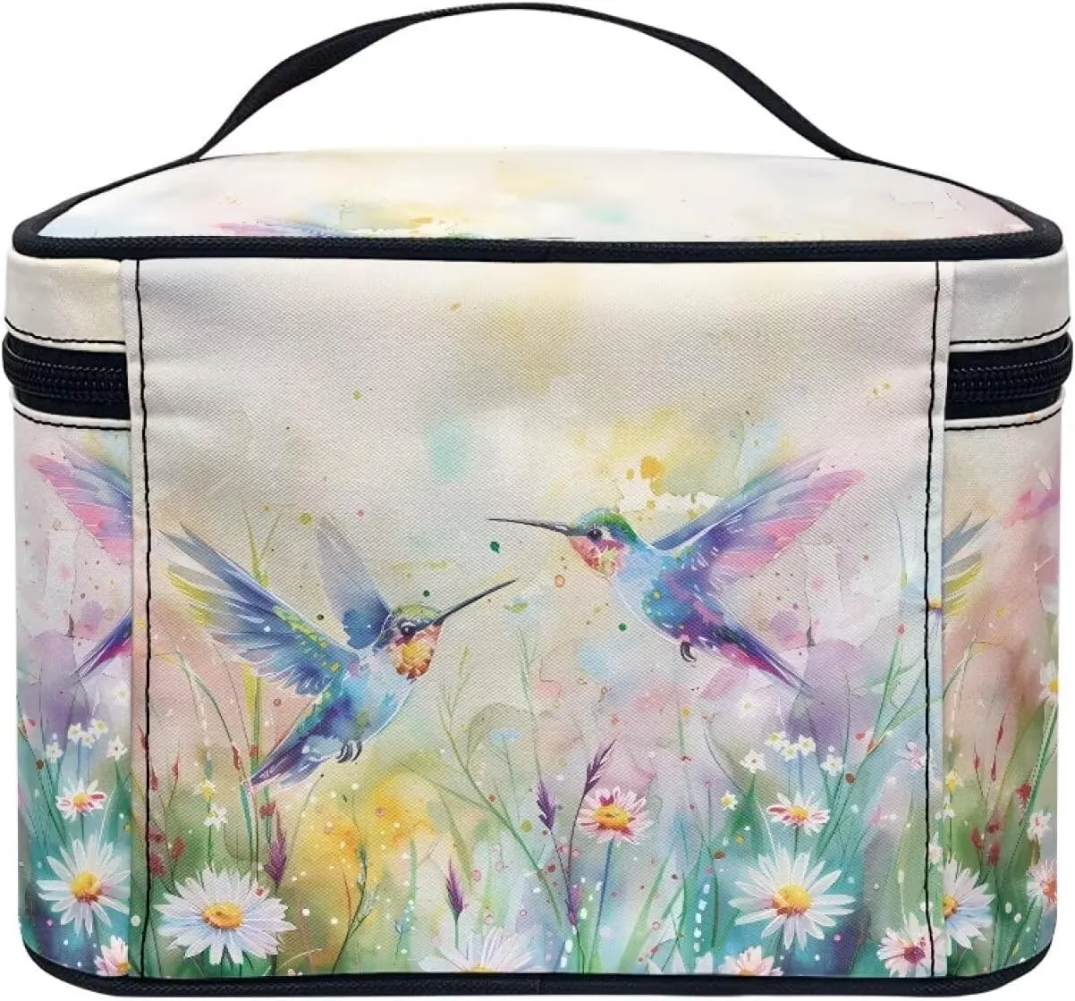 doginthehole Makeup Bag, Portable Travel Cosmetic Bag, Large Makeup Organizer Bag, Aesthetic Daisy Hummingbirds Design Makeup Organizer Case, Travel Toiletry Bag for Women Girls