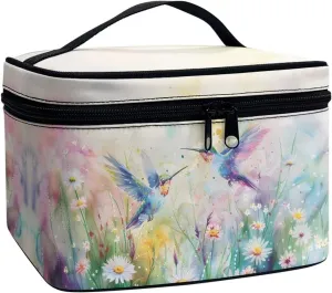 doginthehole Makeup Bag, Portable Travel Cosmetic Bag, Large Makeup Organizer Bag, Aesthetic Daisy Hummingbirds Design Makeup Organizer Case, Travel Toiletry Bag for Women Girls