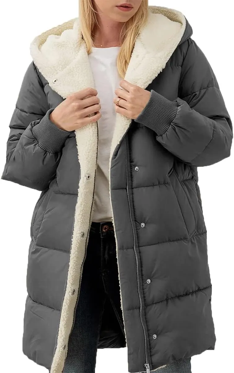 ebossy Women's Winter Warm Puffer Coat Hooded Down Jacket Cotton Padded Thicken Outwear with Sherpa Lined