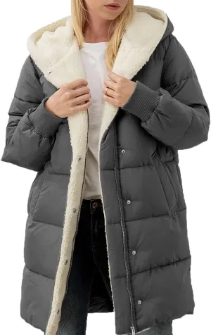 ebossy Women's Winter Warm Puffer Coat Hooded Down Jacket Cotton Padded Thicken Outwear with Sherpa Lined